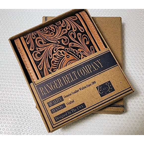 Mens Tan Leather Bi-fold Wallet Floral Tooled by Ranger Belt Company C1301B - Picture 9 of 9